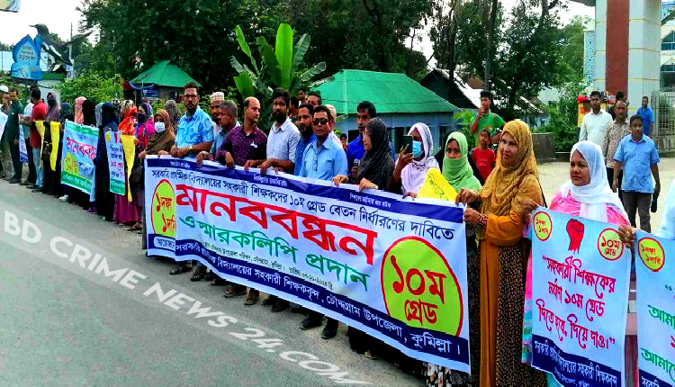 চৌদ্দগ্রাম দশম গ্রেডের দাবিতে সহকারী শিক্ষকদের মানববন্ধন